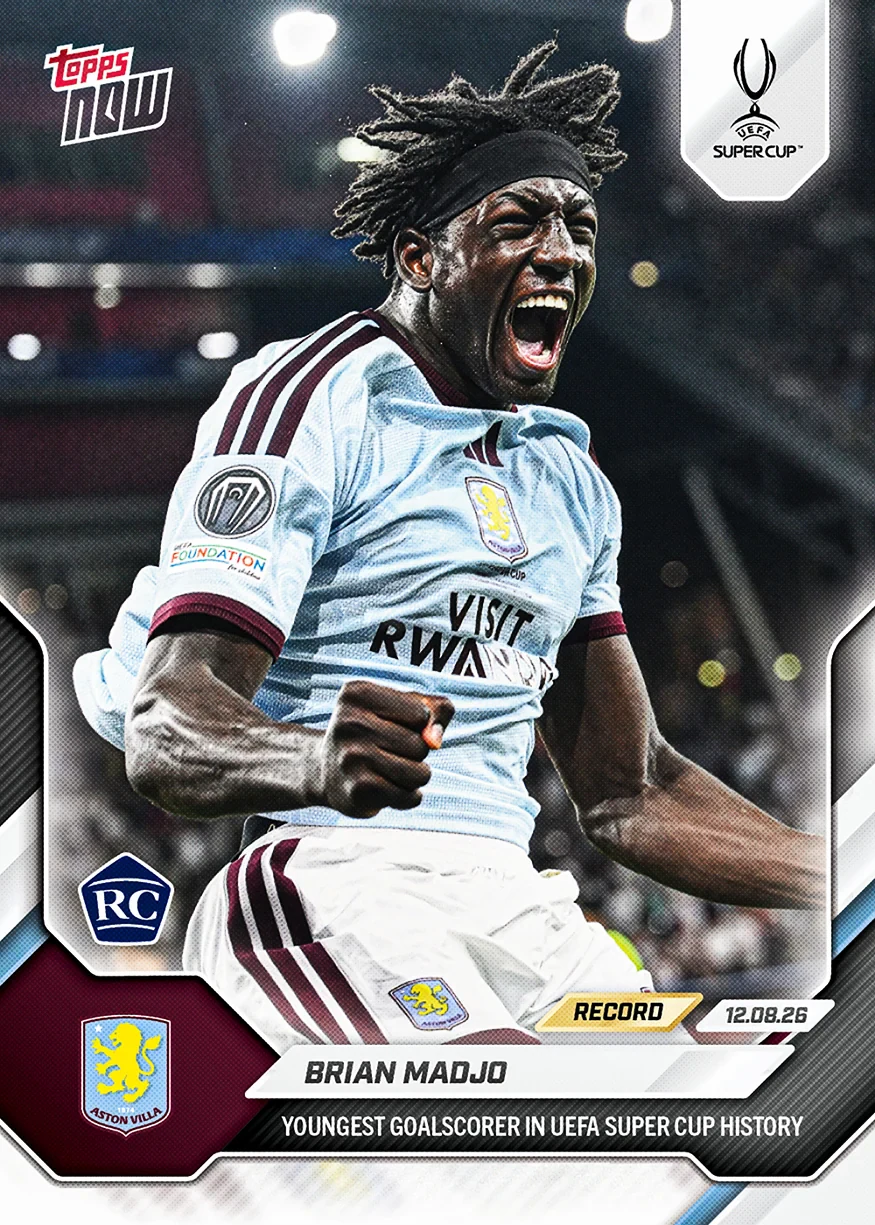Brian Madjo 2026-27 UEFA Club Competitions Topps NOW rookie card 4 for becoming the youngest UEFA Super Cup goalscorer