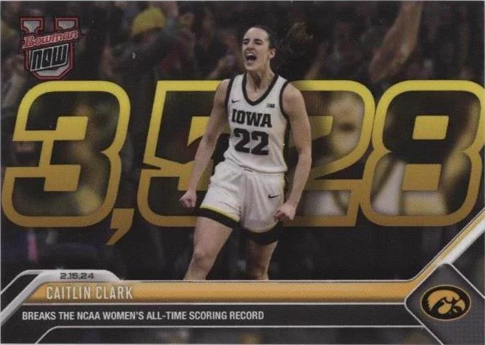 Caitlin Clark 2023-24 Bowman U NOW card 49 for the NCAA women's all-time scoring record