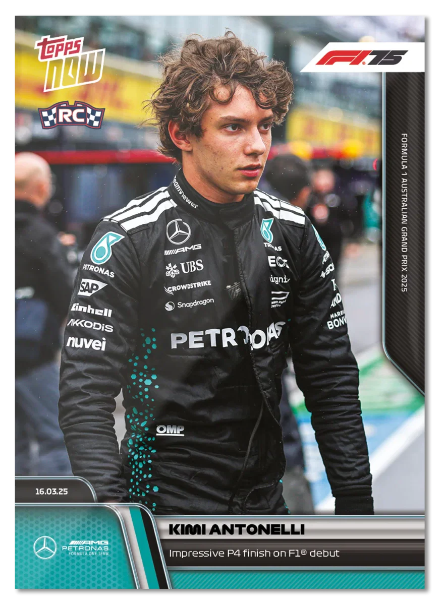 Kimi Antonelli 2025 Formula 1 Topps NOW rookie card 14 Formula 1 debut