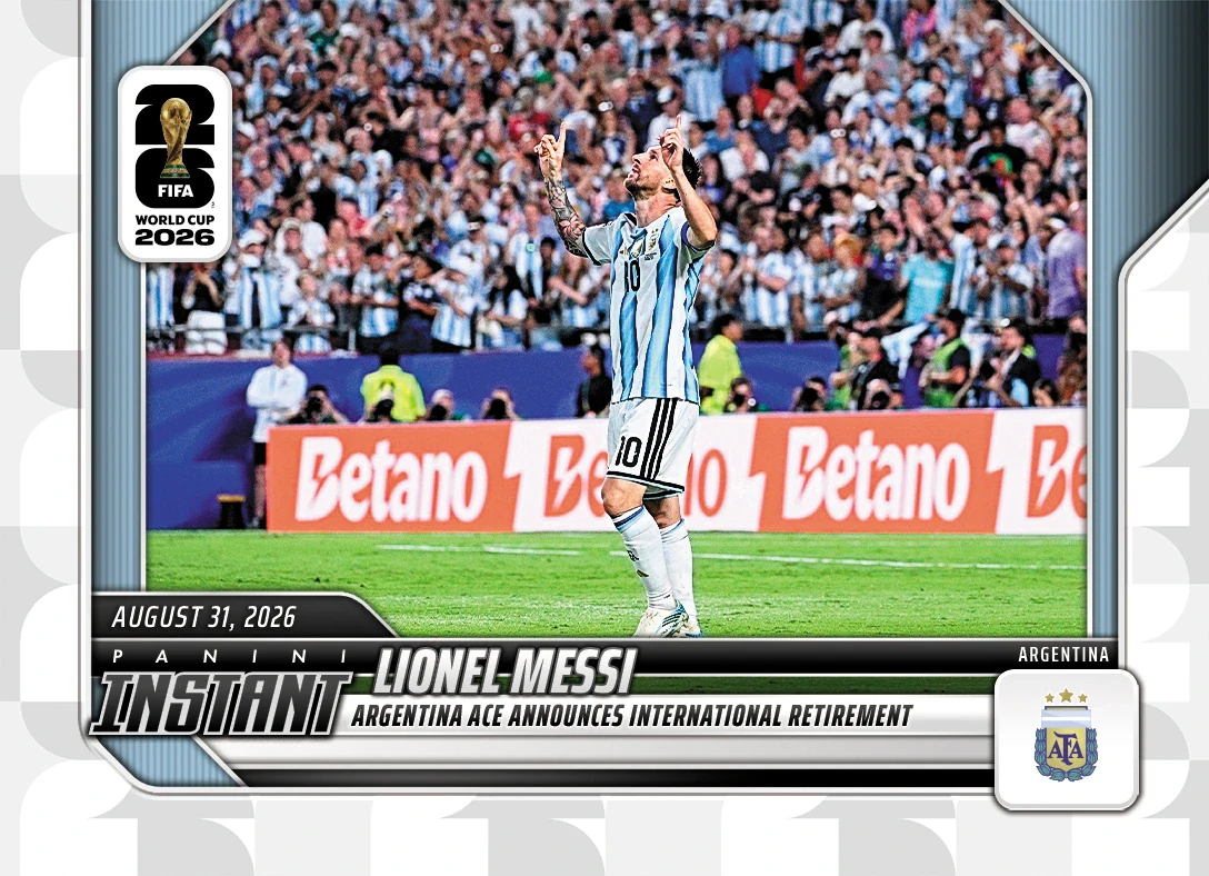 Lionel Messi 2026 Panini Instant FIFA World Cup card 256 announcing his Argentina retirement