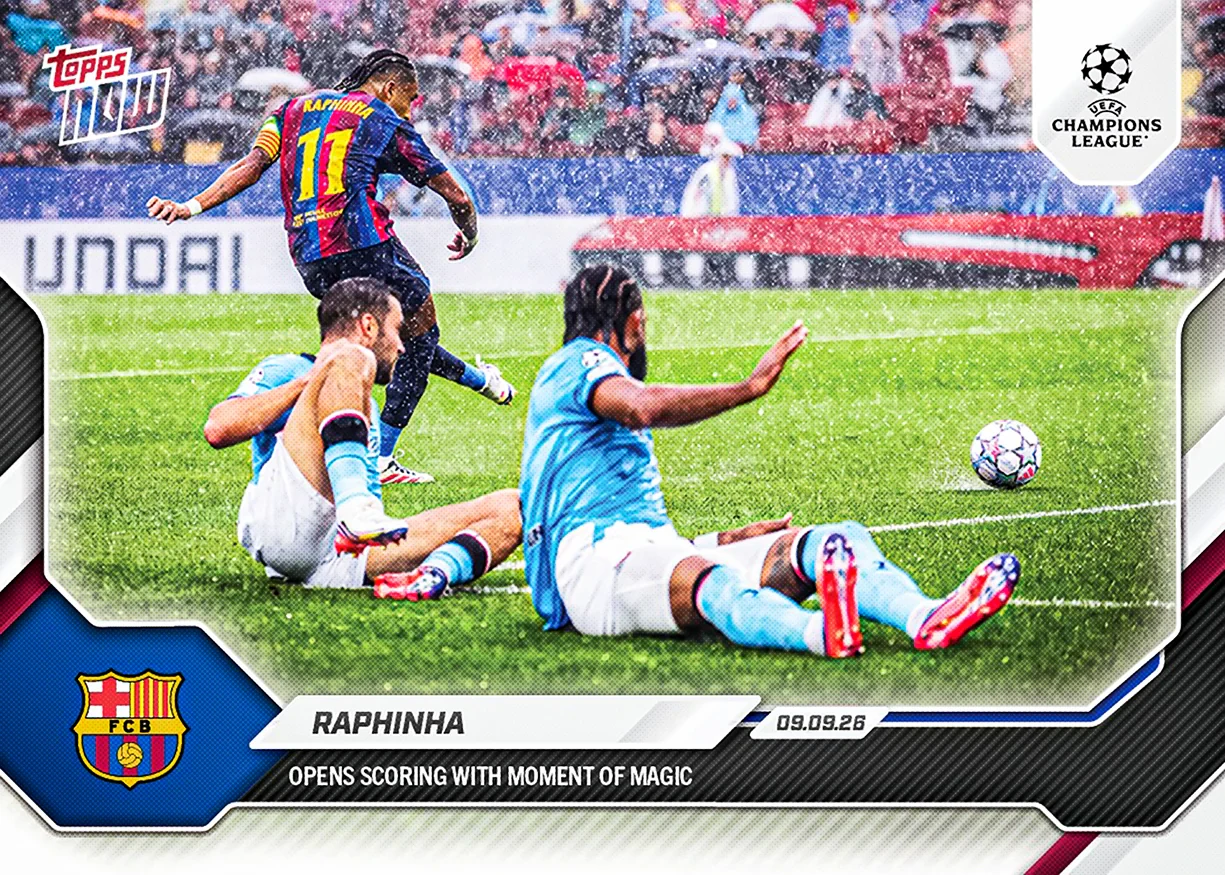 Raphinha 2026-27 UEFA Champions League Topps NOW card 10 opening goal for Barcelona