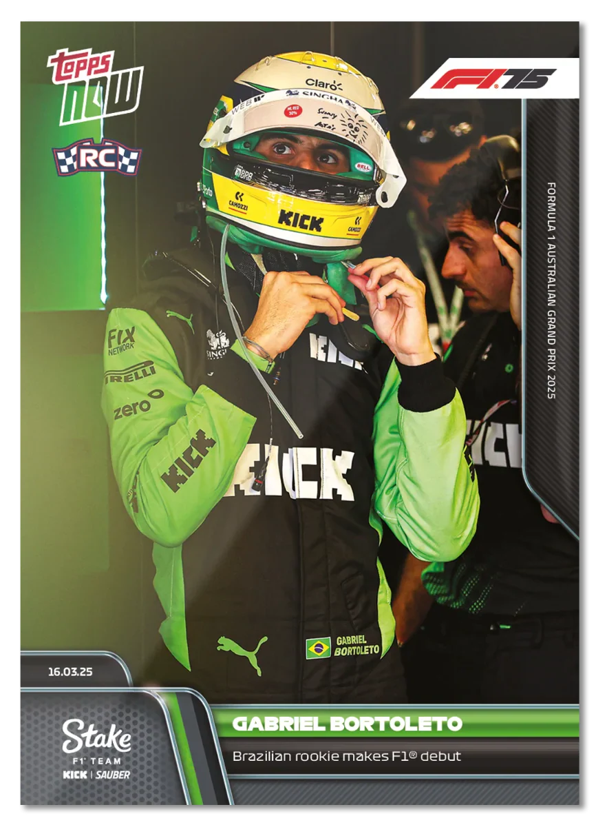 Gabriel Bortoleto 2025 Formula 1 Topps NOW raw base card 16 Formula 1 debut