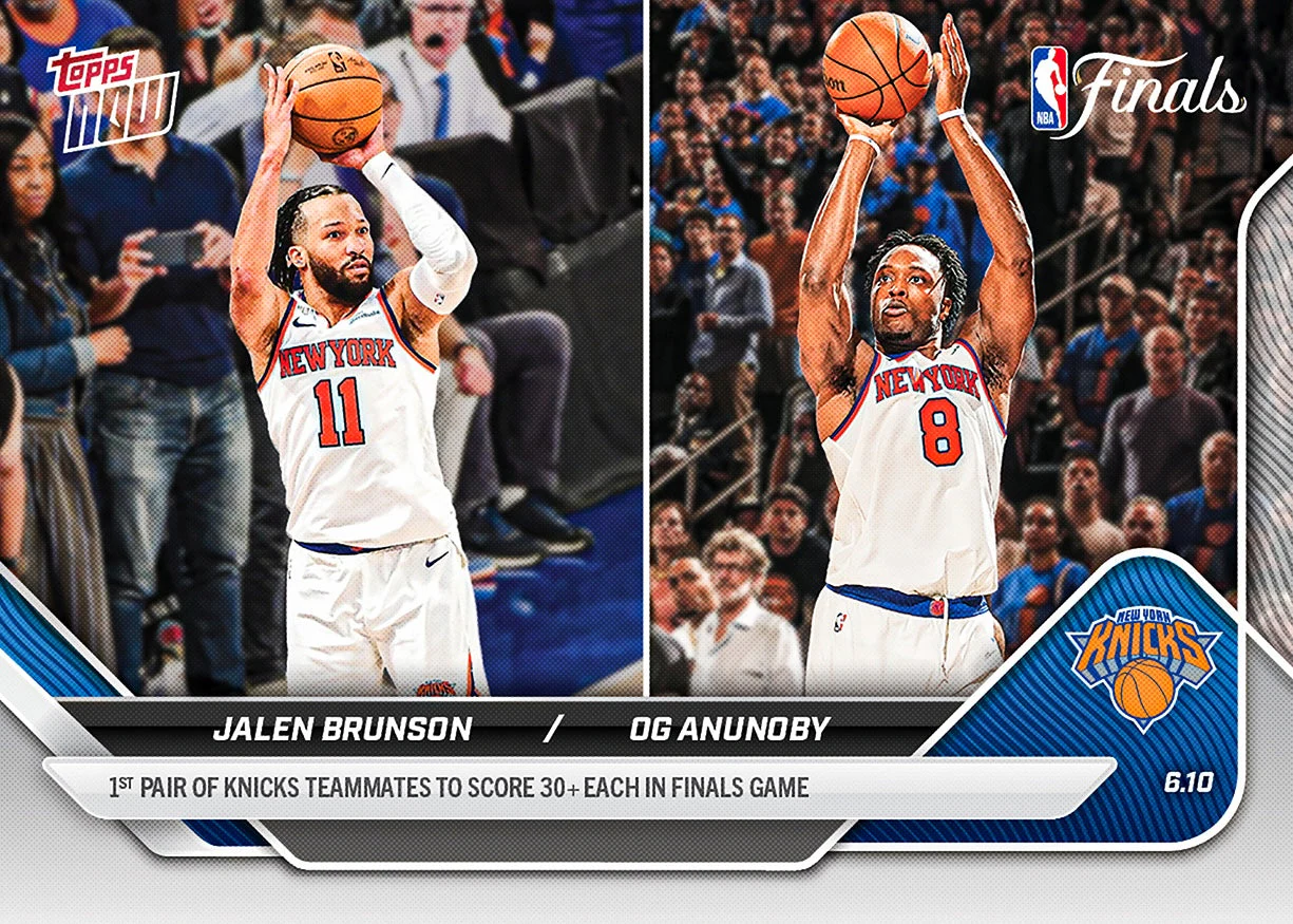 Jalen Brunson / OG Anunoby, NBA Topps NOW 2025-26 #338, Base. Primera pareja de los Knicks con más de 30 puntos cada uno en un partido de las Finales