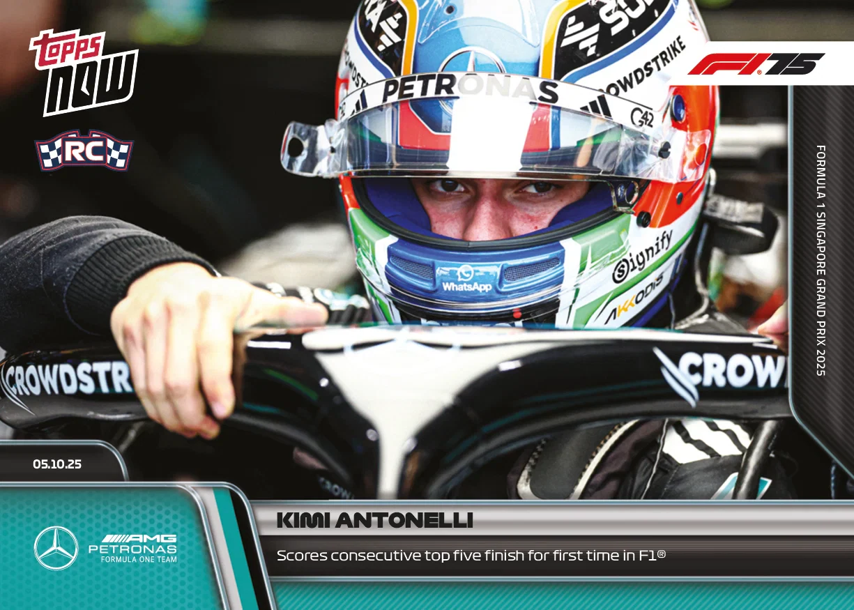 Kimi Antonelli 2025 Formula 1 Topps NOW rookie card 68 consecutive top five finishes