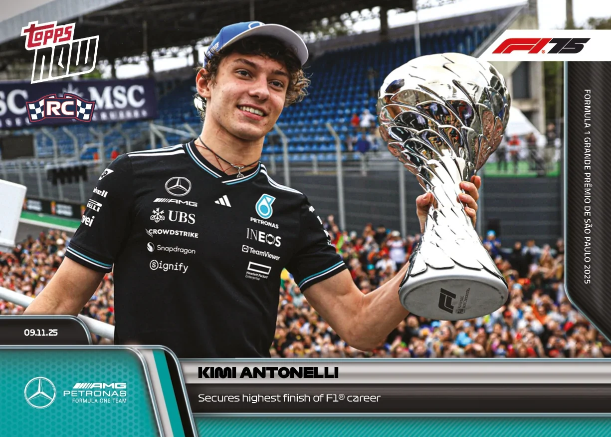 Kimi Antonelli 2025 Formula 1 Topps NOW rookie card 76 Sao Paulo second place