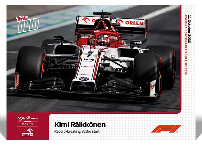 Kimi Raikkonen 2020 Formula 1 Topps NOW card 7 record 323rd start