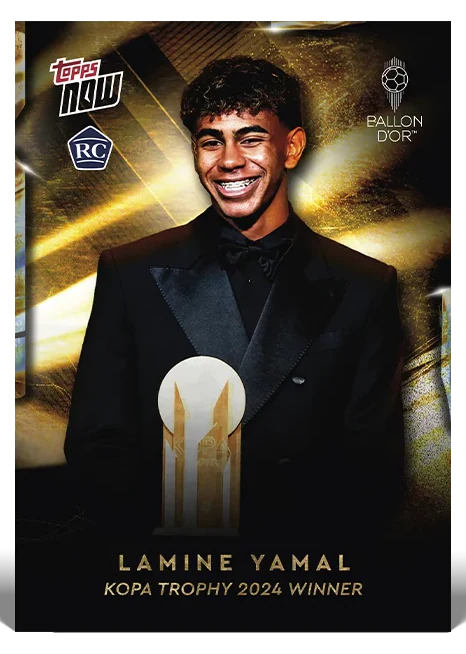 Lamine Yamal 2024 Ballon d'Or Topps NOW base rookie card 3 celebrating the Kopa Trophy