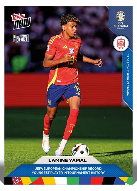 Lamine Yamal 2024 UEFA EURO Topps NOW National Debut base card 5 for the youngest-player record