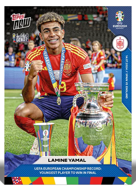 Lamine Yamal 2024 UEFA EURO Topps NOW National Debut base card 66 as the youngest final winner
