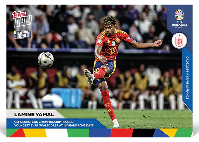 Lamine Yamal 2024 UEFA EURO Topps NOW National Debut base card 54 for the youngest-goalscorer record