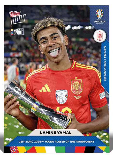 Lamine Yamal 2024 UEFA EURO Topps NOW National Debut base card 62 with the Young Player of the Tournament trophy