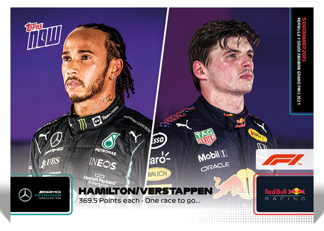 Lewis Hamilton and Max Verstappen 2021 Formula 1 Topps NOW card 78 tied on 369.5 points