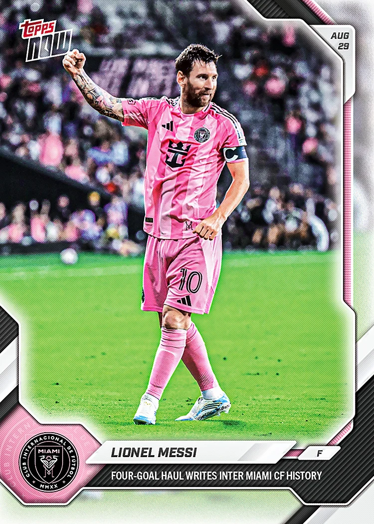 Lionel Messi 2026 MLS Topps NOW card 70 celebrating a four-goal Inter Miami club record