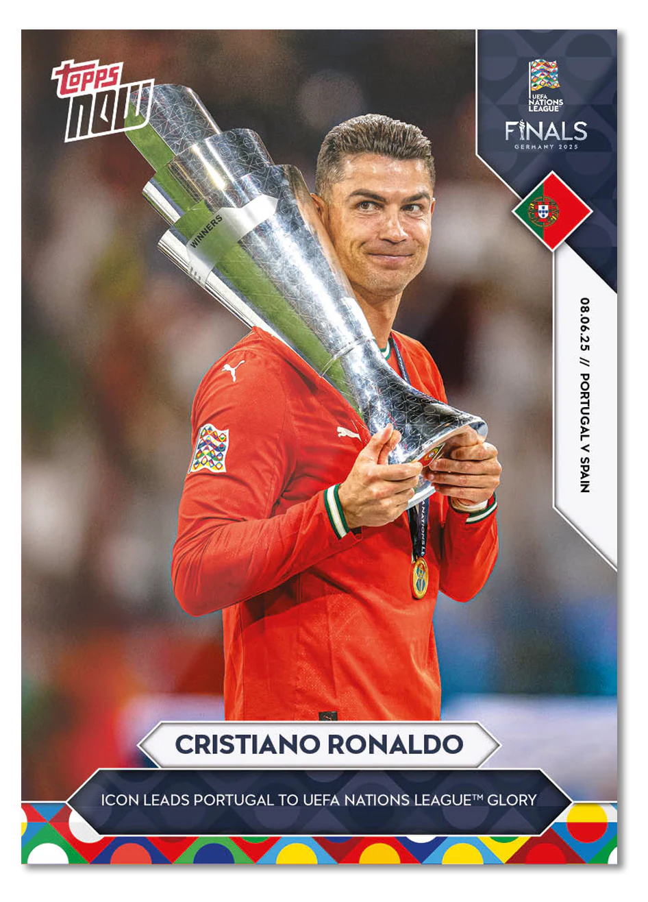 Cristiano Ronaldo 2025 UEFA Nations League Topps NOW card 7 with the trophy