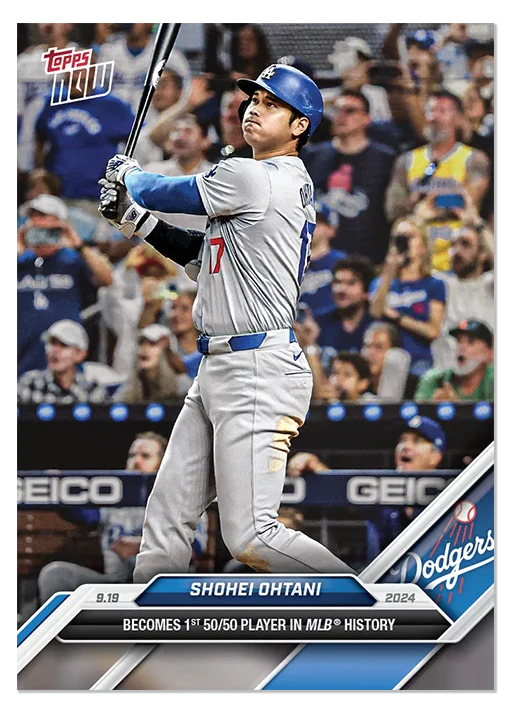 Shohei Ohtani follows his swing on the original 2024 MLB Topps NOW 722 English base card