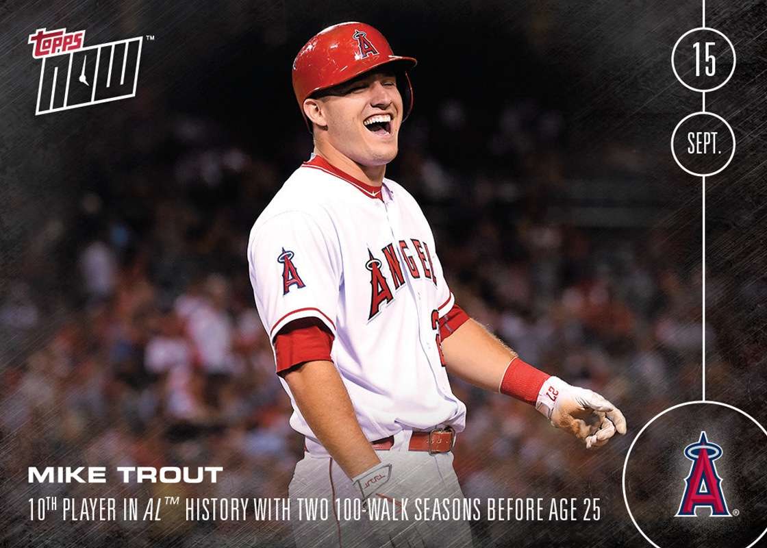 Mike Trout 2016 MLB Topps NOW card 459 second 100-walk season before age 25
