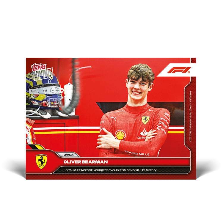 Oliver Bearman, Fórmula 1 Topps NOW 2024 #4, base normal sin graduar. Debut en un Gran Premio con Ferrari · P7.