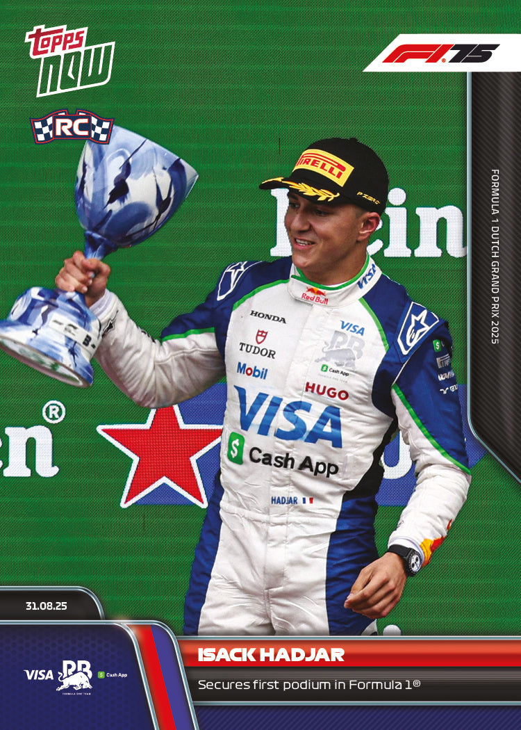 Isack Hadjar, Fórmula 1 Topps NOW 2025 #58, base normal sin graduar. Primer podio en un Gran Premio · Zandvoort.