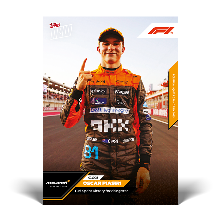 Oscar Piastri, Fórmula 1 Topps NOW 2023 #56, base normal sin graduar. Primera victoria en un Sprint · Catar.